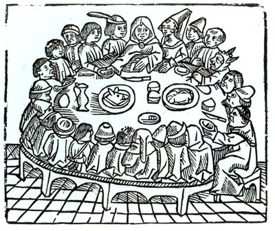 ウィンタードワード、1485年頃に印刷された、ジョフリーチョーサーの作品（c.1345-1400）「Canterbury Tales」のイラスト、共有の食事のために座っているカンタベリー巡礼者たち 作： English School