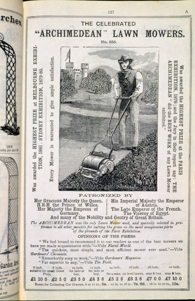 Wrinch＆Sonsによって出版された、1893年に発表された庭の道具、庭の家具および必需品の新しいカタログからの有名なアルキメデスの芝刈り機 作： English School