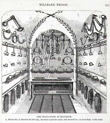 ヘンリー・メイヒュー（1812-87）とジョン・ビニーによる「The Criminal Prisons of London and Scenes of Prison Life（ロンドンの刑事刑務所と刑務所生活の情景）」より、ミルバンクのチェーンルーム（The Chain-Room）。 作： English School