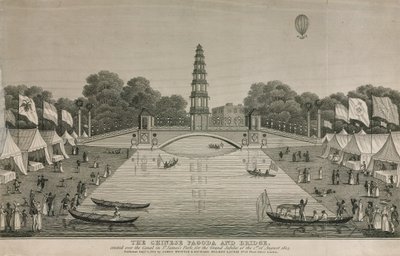 1814年にグランドジュビリーに向けてセントジェームスパークの運河に架かった中国の塔と橋 作： English School