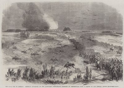 アメリカ南北戦争、センタービルの放棄された南軍陣地に進撃する連邦軍(エングレーヴィング) 作： English School