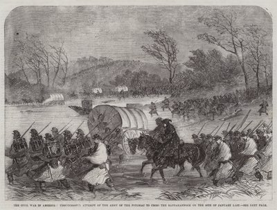アメリカ南北戦争、昨年1月20日のポトマック軍によるラッパハノック越えの失敗(エングレーヴィング) 作： English School