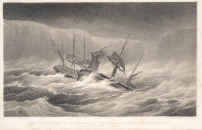 衝突（ジェームズ・クラーク・ロス船長による南極・南極探検航海より）。1847年（エングレーヴィング） 作： English School