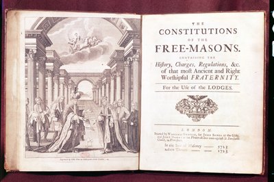 `ロンドン1723年に出版されたジェームズアンダーソン博士（c.1680-1739）によるフリーメーソンの憲法 作： English School