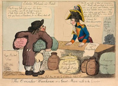 領事倉庫またはカウンター、パブに釘付けになった偉人。 1802年の手彩色彫刻。 作： English School