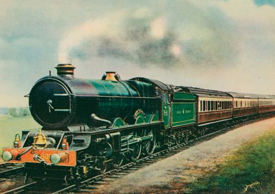 「キング ジョージ 5 世」が牽引する「コーニッシュ リビエラ エクスプレス」、グレート ウェスタン鉄道 (カラー リソ) 作： English School