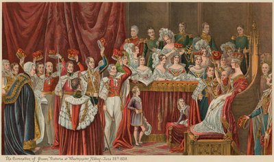 1838年6月28日、ウェストミンスター寺院でのビクトリア女王の戴冠式 作： English School