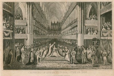 1838年6月28日、ウェストミンスター寺院でのビクトリア女王の戴冠式 作： English School