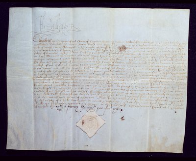 エリザベス1世、1572年に署名されたノーフォーク4世公爵、トーマスハワードの死亡令状（ベラムにインク） 作： English School