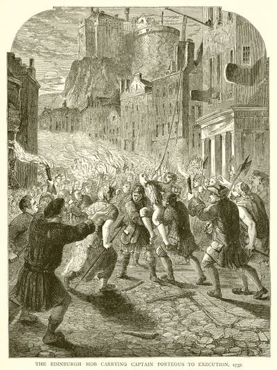 1737年に処刑される船長を乗せたエディンバラの暴徒 作： English School
