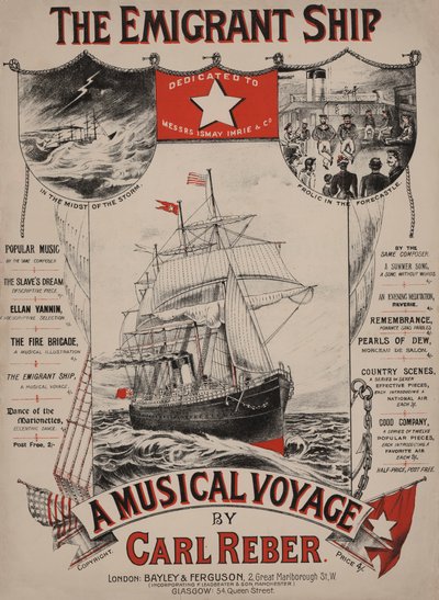 The Emigrant Ship, ヴィクトリア朝の楽譜カバー（カラーリトグラフ） 作： English School