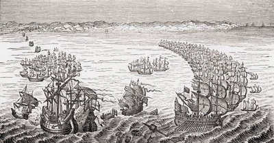 英国の艦隊は、フランシスドレイク卿によって指揮され、1588年にブロアム卿などによる「旧イングランドの価値観」からスペイン軍を攻撃し、1880年代にロンドンで出版されました。 作： English School