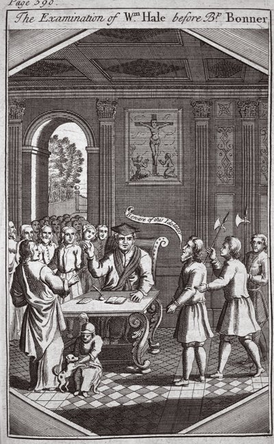 司教ボナーの前のWmヘイルの検査、Foxes Martyrs c.1703の図解 作： English School