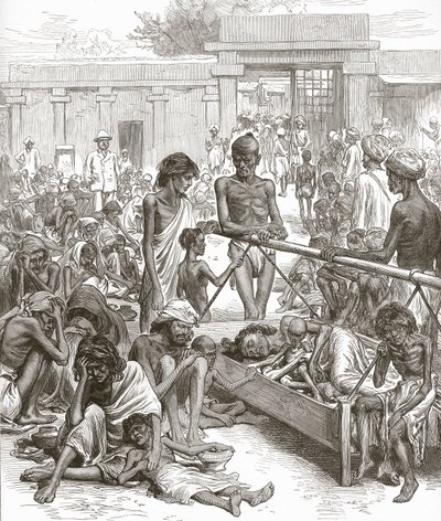 インドの飢饉: 1877 年 10 月、バンガロールで救援を待つ原住民。 作： English School