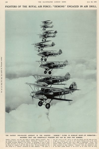 国で最速の2人乗り航空機：1935年7月20日のイラスト入りロンドンニュース王立海軍および軍の番号からの、エシェロンの右上がり編成で飛行する悪魔 作： English School