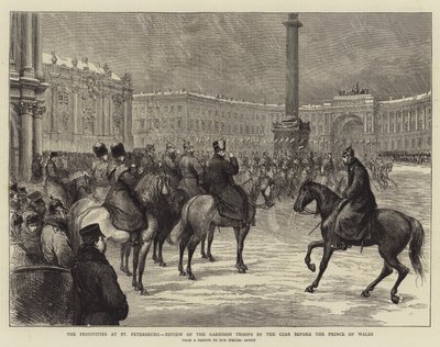 サンクトペテルブルクの祝祭、プリンス・オブ・ウェールズの前での皇帝による駐屯兵の閲兵（エングレーヴィング 作： English School