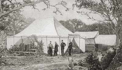 19 世紀後半、アメリカ合衆国フロリダ州マイアミにある最初の長老派教会。 1896 年にヘンリー キーウィン牧師によって設立されたこの教会は、サービスがテントに移る前にラフボード レストランで始まりました。 The Strand Magazine publi より 作： English School