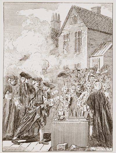ブラックフライアーズブリッジの礎石、1760年、現代版画 作： English School