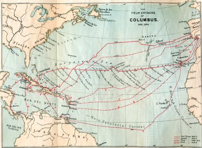クリストファー・コロンブスの4つの航海（クレメンツ・R・マーカム著『クリストファー・コロンブスの生涯』より、1892年刊、カラーリトグラフ） 作： English School