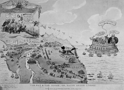 キツネとガチョウ、1815年にエルバから逃亡したナポレオン（1769-1861）の風刺画 作： English School