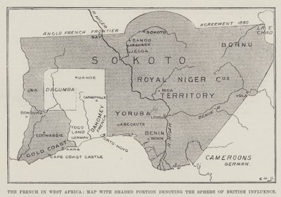 西アフリカのフランス人、イギリスの影響範囲を示す斜線部分を持つ地図（リトグラフ 作： English School