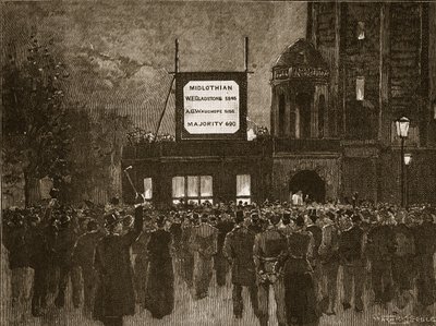 1892年の総選挙：ナショナルリベラルクラブでの結果発表、カッセルズイラストレイテッドイングランドオブイングランドのイラスト（セピア写真） 作： English School