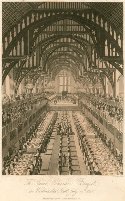 1821年7月17日、ウェストミンスターホールでのジョージ4世の戴冠式の大宴会 作： English School