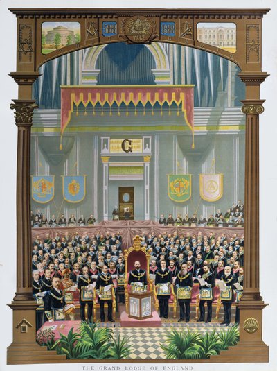 1887年6月13日、ロンドンのアルバートホールでビクトリア女王陛下にお祝いのジュビリーの演説を行ったイングランドのグランドロッジ 作： English School
