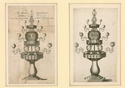 1669年7月24日、ホワイトホールのプリヴィガーデンに設置された大ピラミッド型マルチフォームダイヤル 作： English School