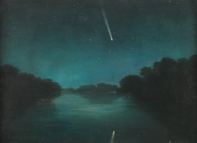 ミドルセックスのステインズ橋から見た1861年の大彗星（亜鉛に油彩） 作： English School