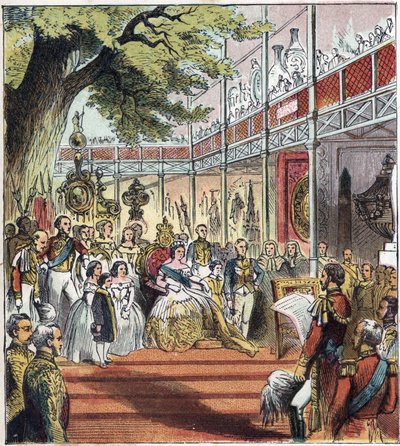 1851年、ハイドパークで開催されたロンドン大博覧会。1851年の大博覧会"ハイドパークにガラスの宮殿を建て、1851年に世界各国の多くのものを展示した 作： English School