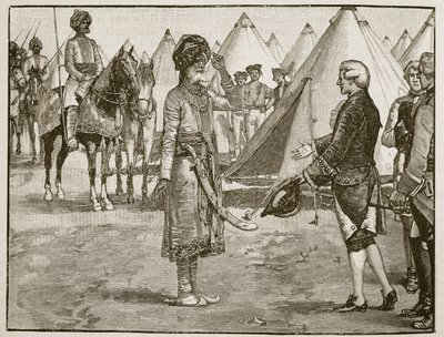 イギリスのキャンプに入るグレートモーグル、1765年、カッセルズイラストレイテッドイングランドオブイングランドのイラスト（セピア写真） 作： English School