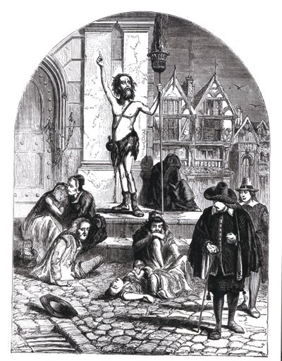 1665年の大疫病、ロンドンを非難した熱狂者（彫刻）（bw写真） 作： English School