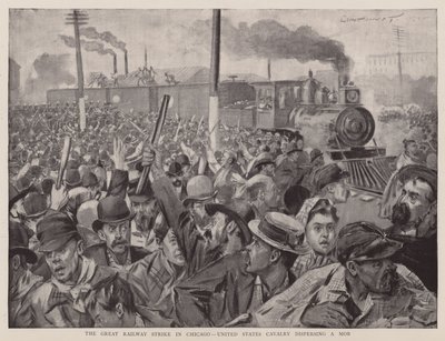 シカゴの鉄道大ストライキ、暴徒を鎮圧する合衆国騎兵隊（リトグラフ） 作： English School