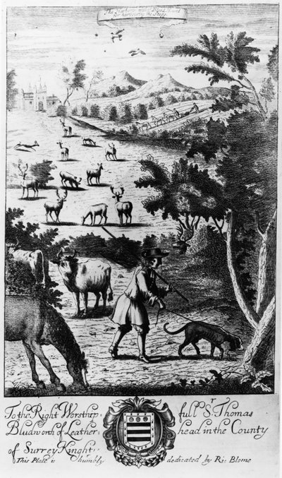 1686年にリチャードブルームによって出版された「紳士のレクリエーション」からの、停滞を宿すための血の猟犬を連れた港湾労働者 作： English School