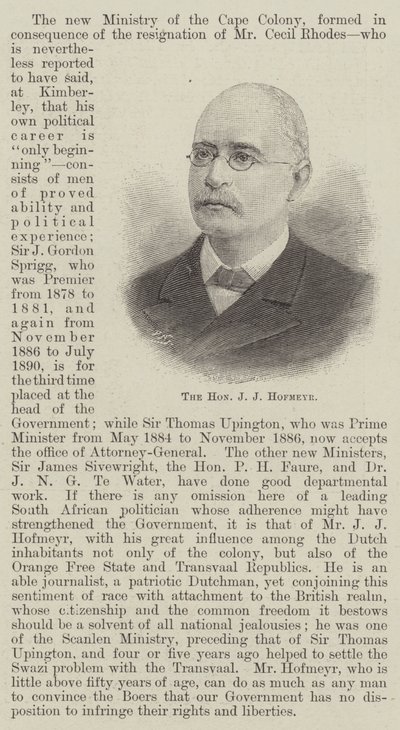 The Honourable J J Hofmeyr (e.g. the engraving) 作： English School