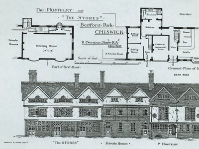 The Hostelry and the Stores、ベッドフォードパーク、チズウィック、The Building News、1877 作： English School