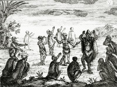 Hottentotsが月を崇拝する、ピーターコルブの「喜望峰の現状」のイラスト、1731年発行 作： English School