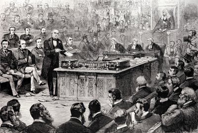 4月8日（木曜日）の下院：1886年4月17日、「The Illustrated London News」からのアイルランド政府に関する討論 作： English School