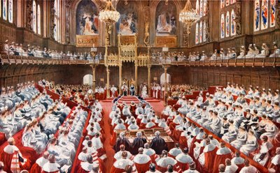 貴族院。王陛下による国会議事堂の開館 作： English School