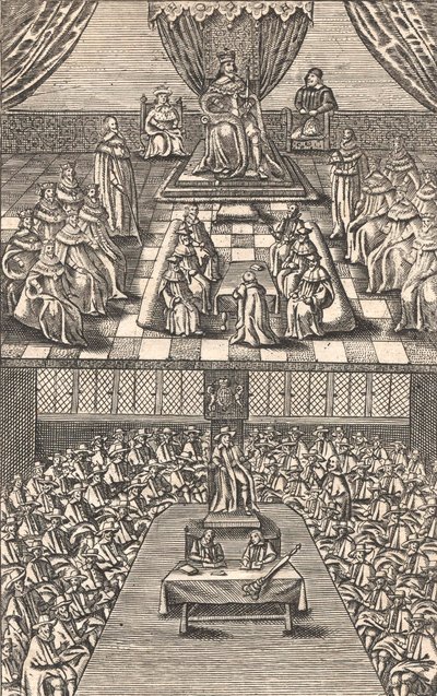 チャールズ1世時代の貴族院と下院、1640年頃（カラー木版画 作： English School