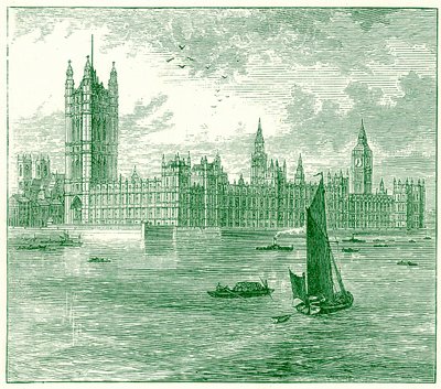 国会議事堂とウェストミンスター寺院、ジョージ・チソルムによる世界の現状の図解、1885年発行（デジタル強化画像） 作： English School