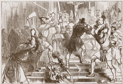 ローマ・カトリック教会の像や祭壇の装飾を破壊するイコノクラストたち（James Aitken Wylie（1808-1890）著「The History of Protestantism」より）。1878年、彫刻 作： English School