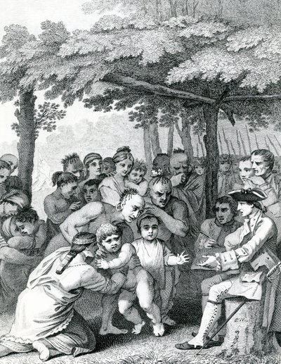 1764年のカノーによって刻まれた、ノースアニリカのフォークスオブマスキンガムにあるキャンプ近くのブーケ大佐にイギリス人捕虜を配ったインディアン 作： English School