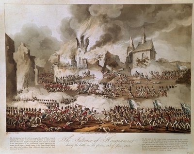 T.サザーランドによって彫刻された1815年6月18日の栄光の戦いの間のHougoumontの内部、1816年公開（アクアチント） 作： English School