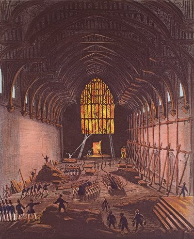 ウェストミンスターホールの内部、1834年（カラー彫刻） 作： English School