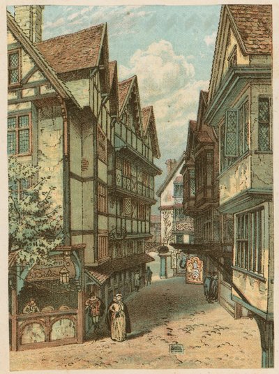 1884年にサウスケンジントンで開催された国際健康展：古いロンドン通り 作： English School