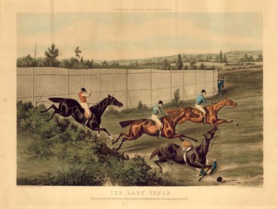 ロンドンのケンジントンの競馬場競馬場で行われた最後の障害物を表す最後のフェンス 作： English School