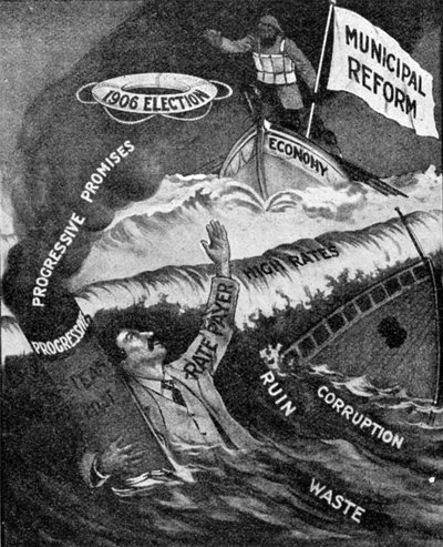 1906年10月27日、The Graphicに掲載された市政改革党のポスター「最後の希望」 作： English School