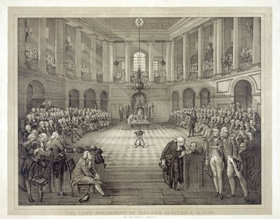 西暦1790年に選出されたアイルランドの最後の議会、パブ。1874年（リトグラフ）。 作： English School